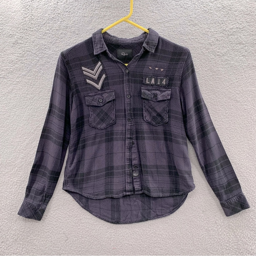 Rails Women’s Black Plaid Button Up Peppy Onyx LA14 Logo Military Rayon Shirt S